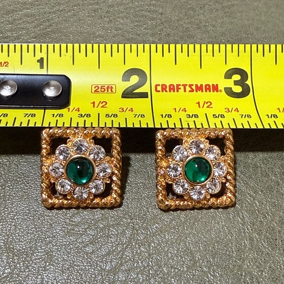 Vintage Tara Red / Retro Macaron Green Gold Tone Rhinestone Post Back Earrings - Picture 9 of 9